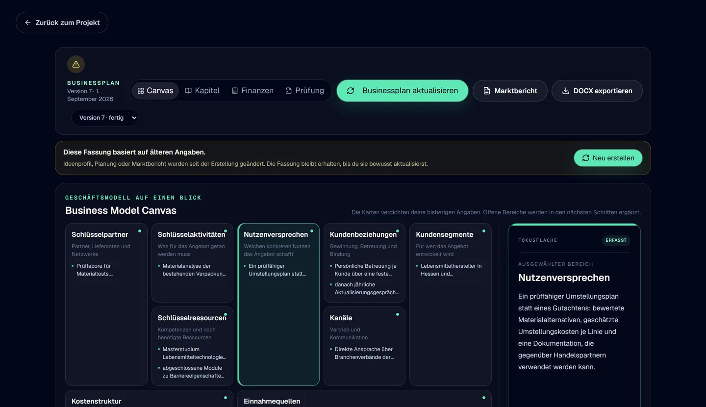 Businessplan-Ansicht im Prototyp mit Business Model Canvas, Versionen und DOCX-Export