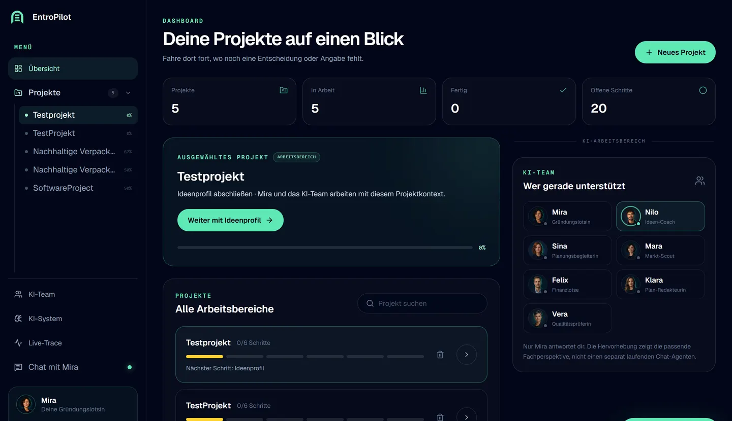 Dashboard des EntroPilot-Prototyps mit Projektstatus, nächstem Schritt und dem KI-Team
