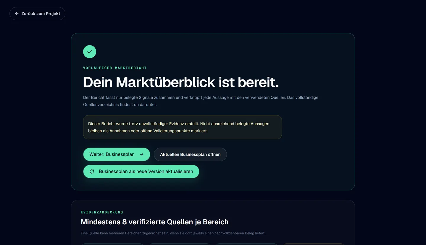 Marktbericht im Prototyp mit Hinweis auf unvollständige Evidenz